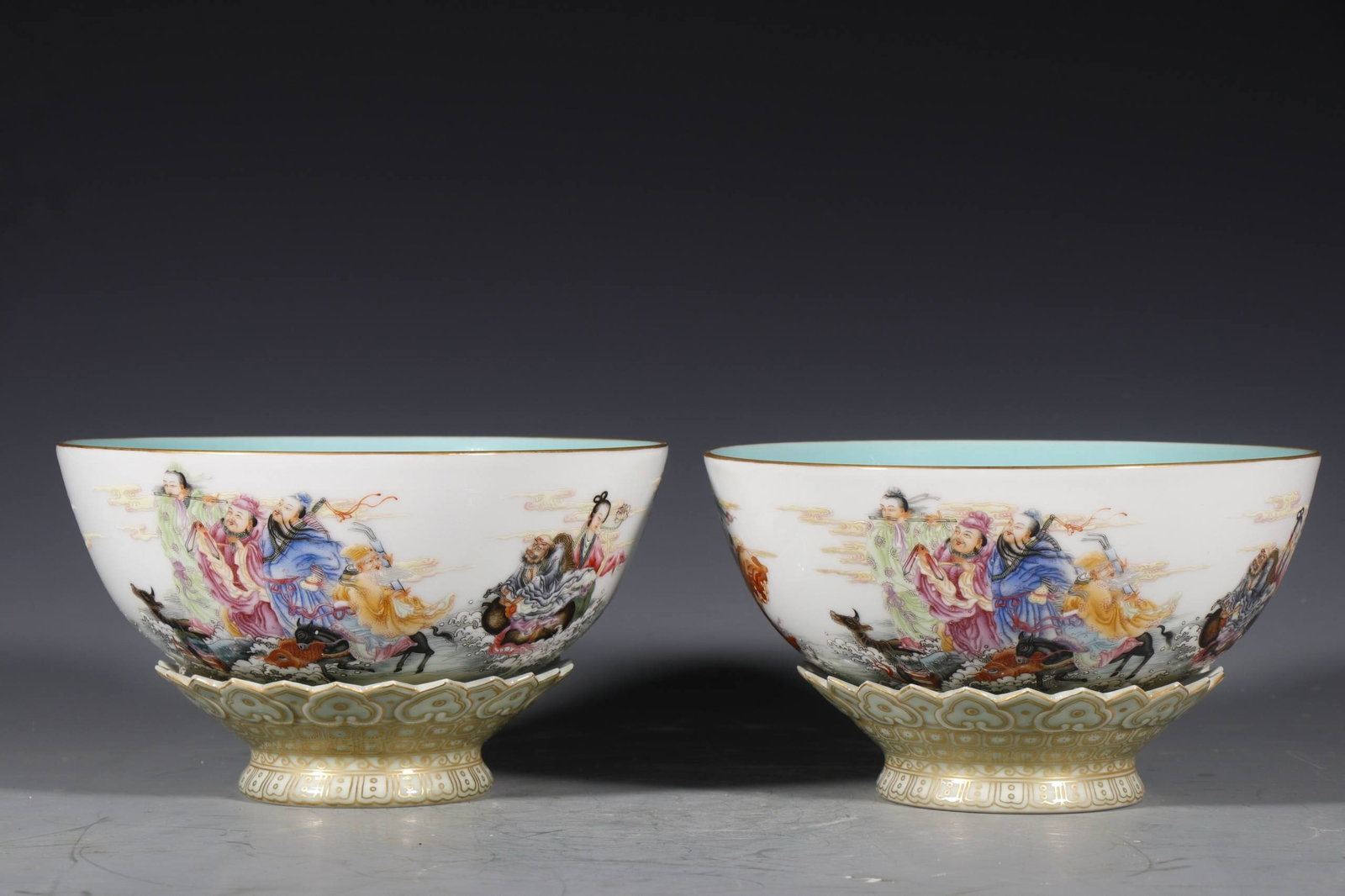 Qing Dynasty, Qianlong Period Enamel-painted Eight Immortals Crossing the Sea Revolving Bowls: Qing Dynasty, Qianlong Period: Enamel-painted Eight Immortals Crossing the Sea Revolving Bowl, Height 10.5 cm, Mouth Diameter 18.5 cm, Base Diameter 8 cm