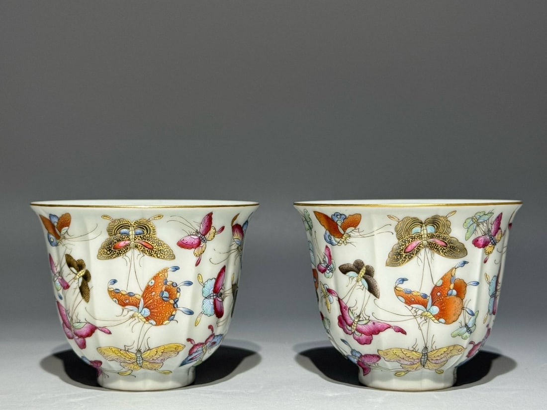 A Qing Dynasty Yongzheng period famille rose melon-shaped cups with a design (1 of 6)