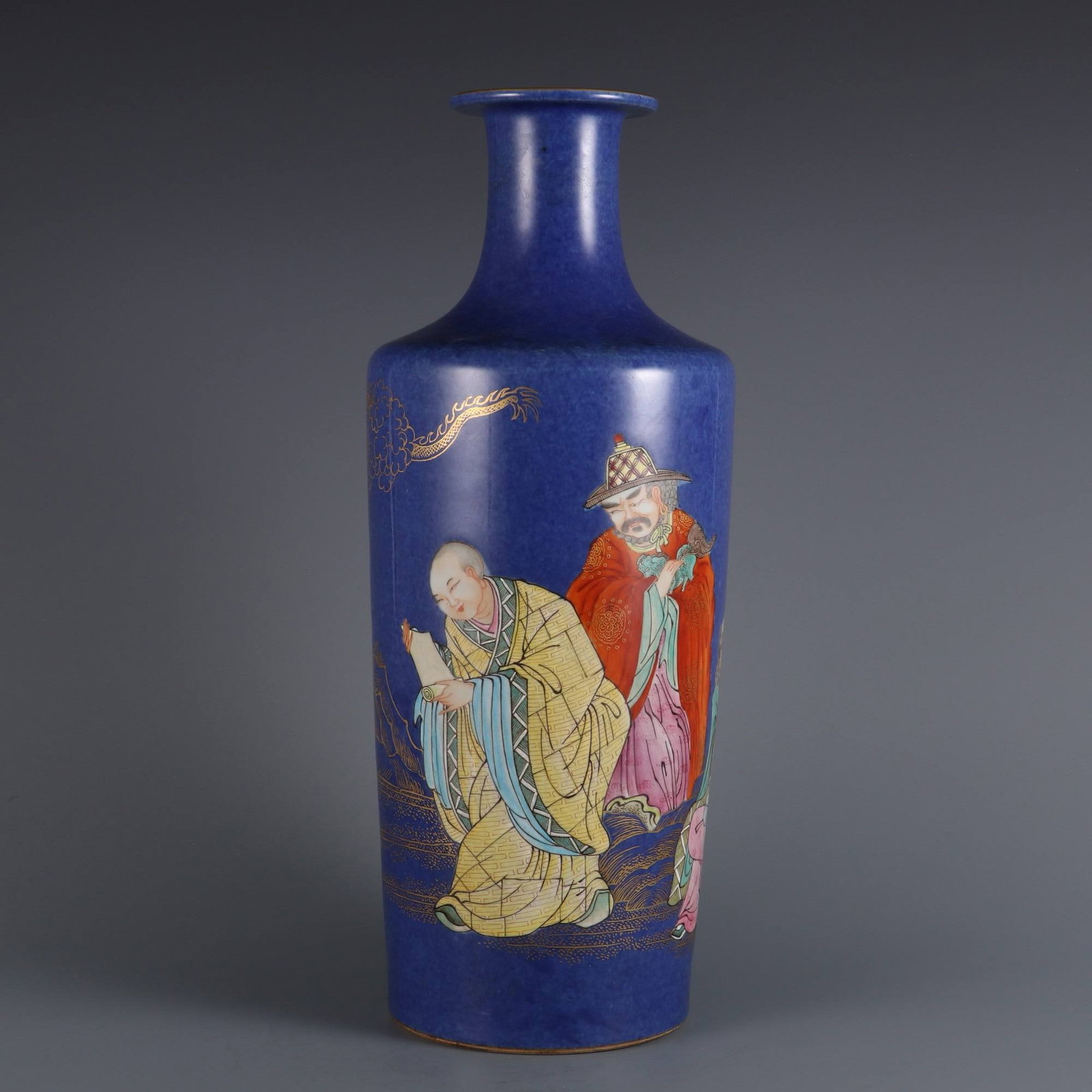 A Qing Dynasty Kangxi period snowflake blue glazed famille rose arhat-themed vase: A Qing Dynasty Kangxi period snowflake blue glazed famille rose arhat-themed vase. Dimensions: Height 39.9 cm, Mouth diameter 8.6 cm, Belly diameter 15 cm.
