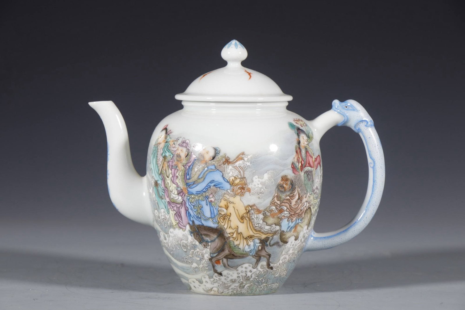 Qing Dynasty, Qianlong Period: Enamel-painted Eight Immortals Teapot: Qing Dynasty, Qianlong Period: Enamel-painted Eight Immortals Teapot, Height 14.5 cm, Mouth Diameter 6 cm, Base Diameter 5 cm