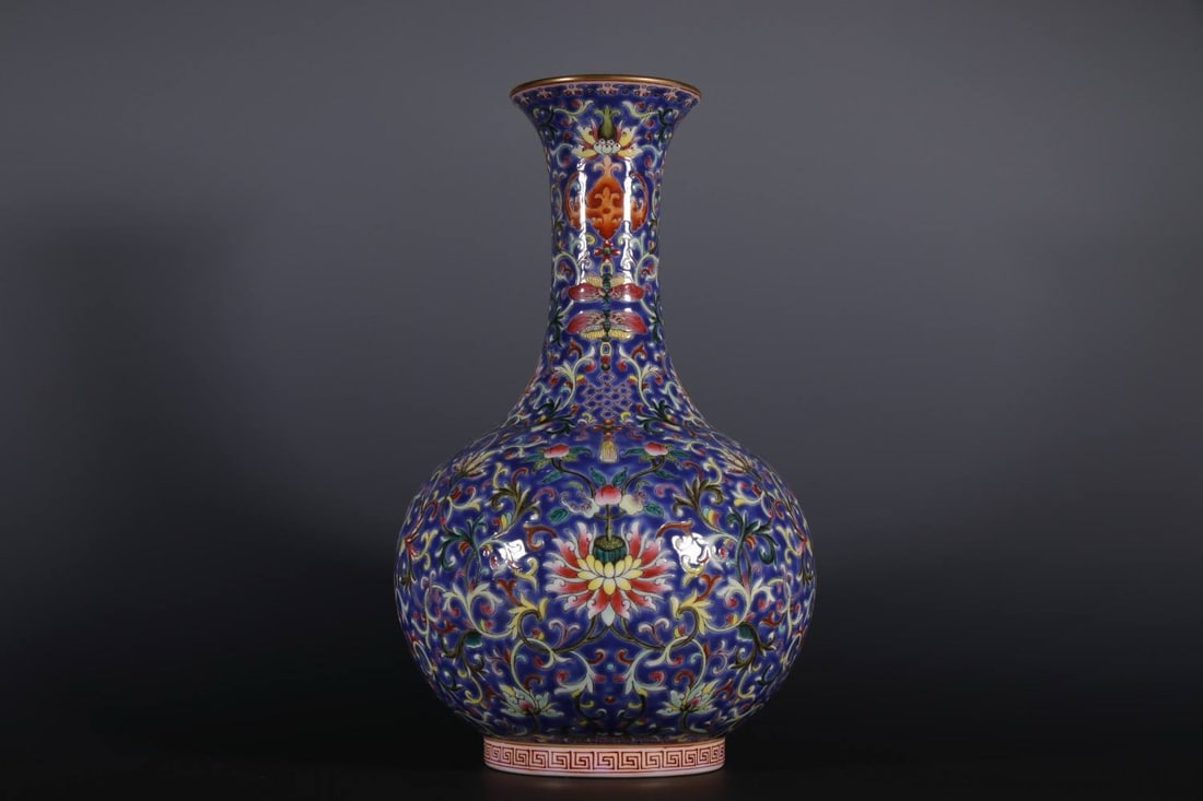 Qing Dynasty, Qianlong Period Blue-ground lotus scroll vase (1 of 8)