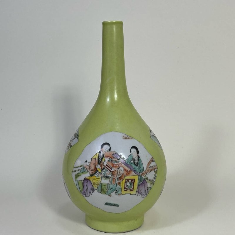 Late Qing Dynasty Green Ground Famille Rose Beauty with Bamboo Sash and Figure: Late Qing Dynasty Green Ground Famille Rose Beauty with Bamboo Sash and Figures, 40×24 cm