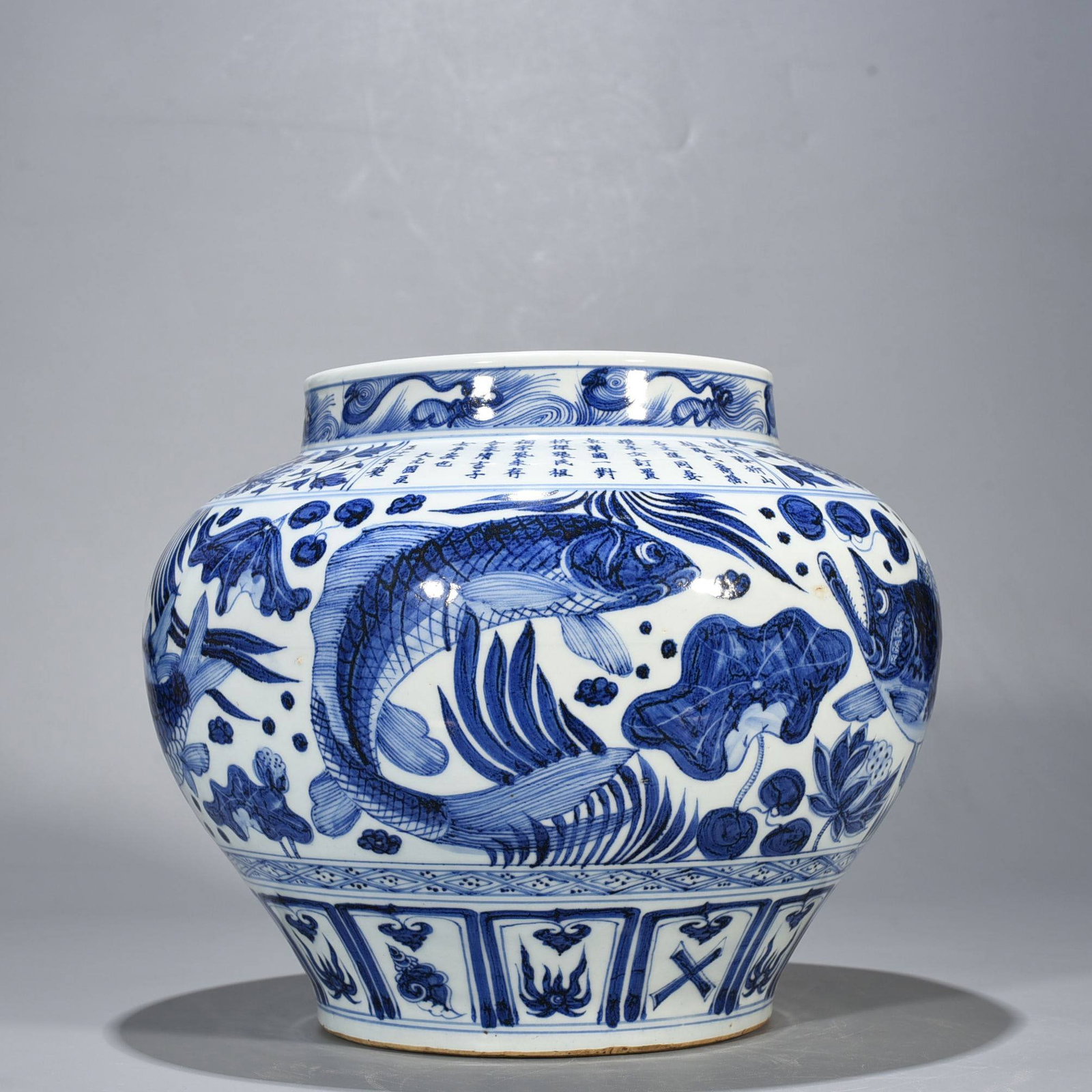 Yuan Dynasty Blue and White Porcelain Jar with Fish and Algae: Yuan Dynasty Blue and White Porcelain Jar with Fish and Algae Design and Inscription, 28*30 cm,