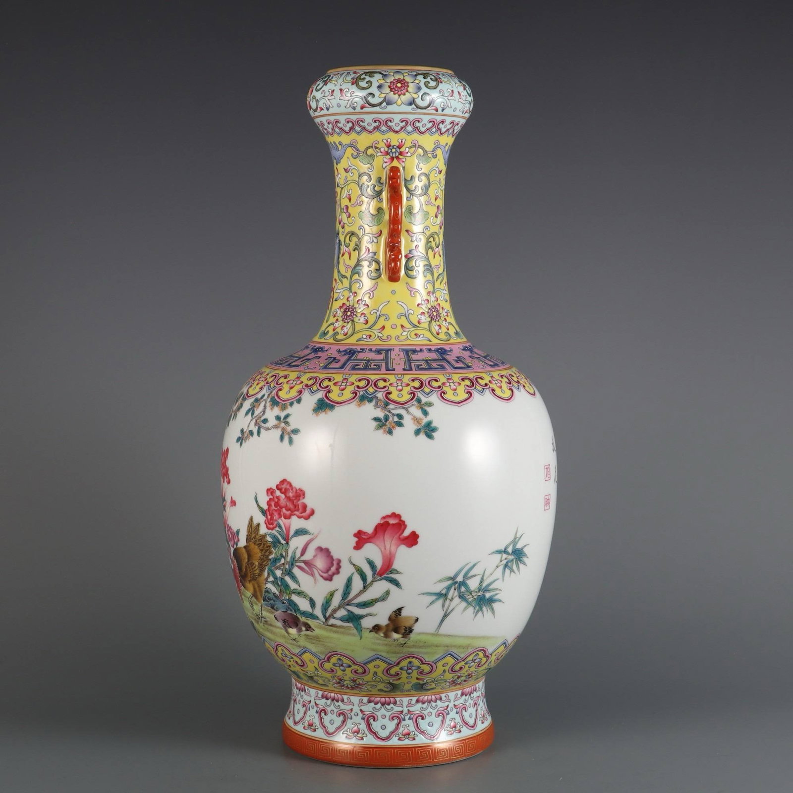 A famille rose vase with double handles, made during the Qianlong period (1 of 10)