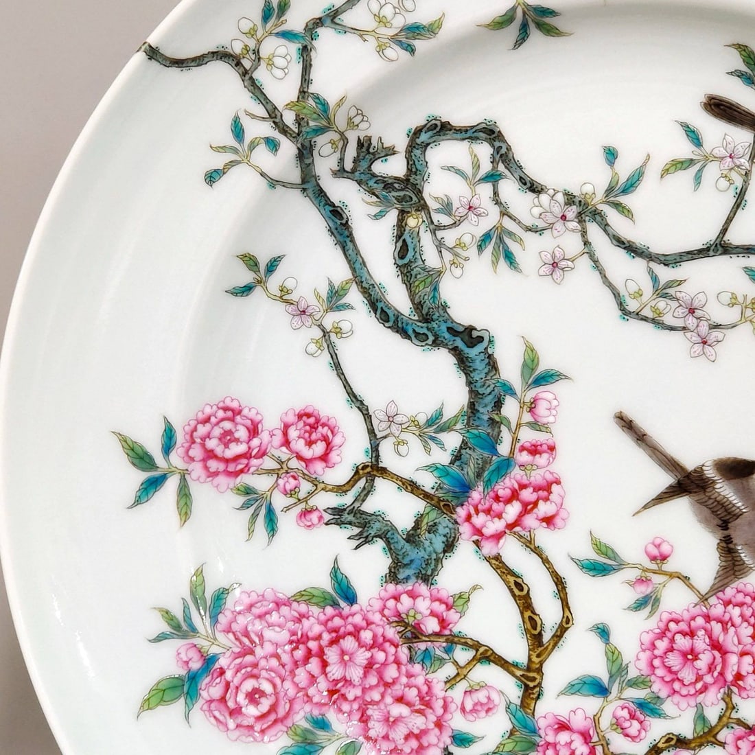 A Qing Dynasty Yongzheng period floral and bird-themed plate: A Qing Dynasty Yongzheng period floral and bird-themed plate, 4.5 cm high and 27.8 cm in diameter.