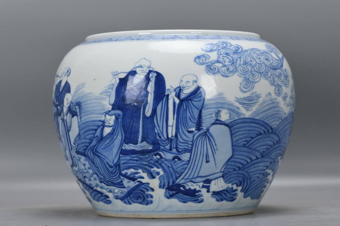 A blue and white porcelain water basin with eighteen Arhats from the Kangxi period of the Qing Dynas (1 of 8)