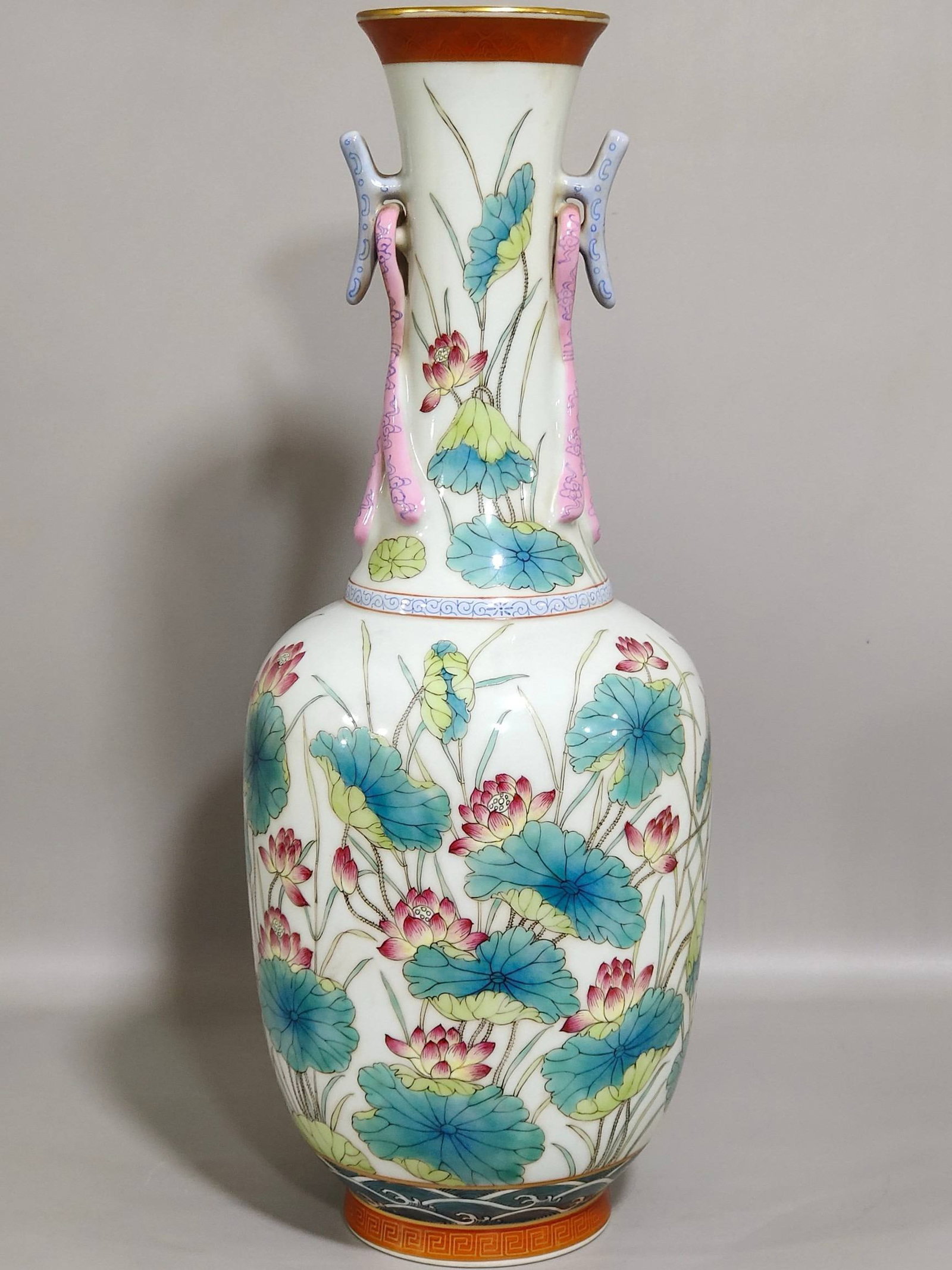A Qing Dynasty Qianlong period lotus-shaped double-eared vase (1 of 8)