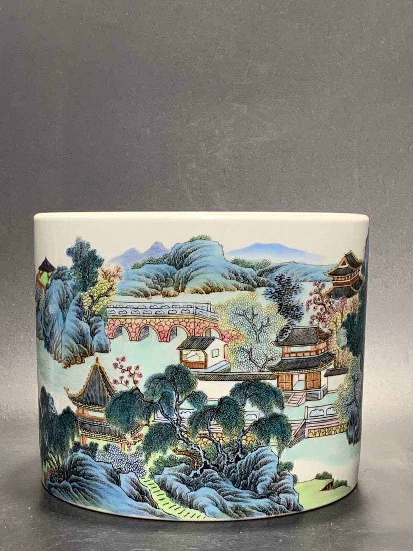 A Qing Dynasty Yongzheng period famille rose landscape brush pot (1 of 9)
