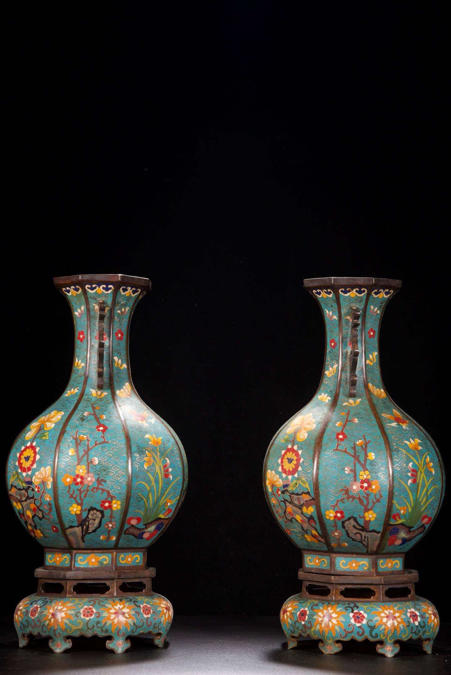 Large Cloisonné Octagonal Vases with Plum Blossom, Orchid, Bamboo, Chrysanthemum, and Dragon Ears: Height: 43cm, Body Diameter: 21cm, Mouth Diameter: 11.5cmTotal Weight: 10605g