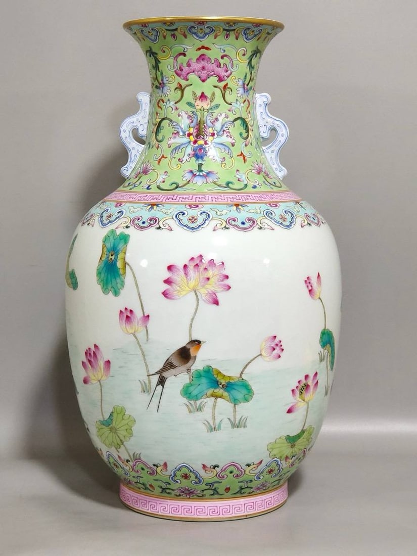 A green-ground lotus and swallow vase (1 of 9)
