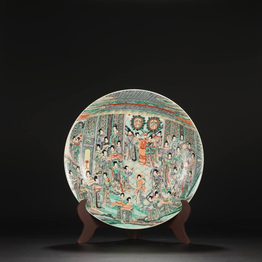 a large polychrome enamel dish depicting figures and scenes from the Kangxi period (1 of 8)