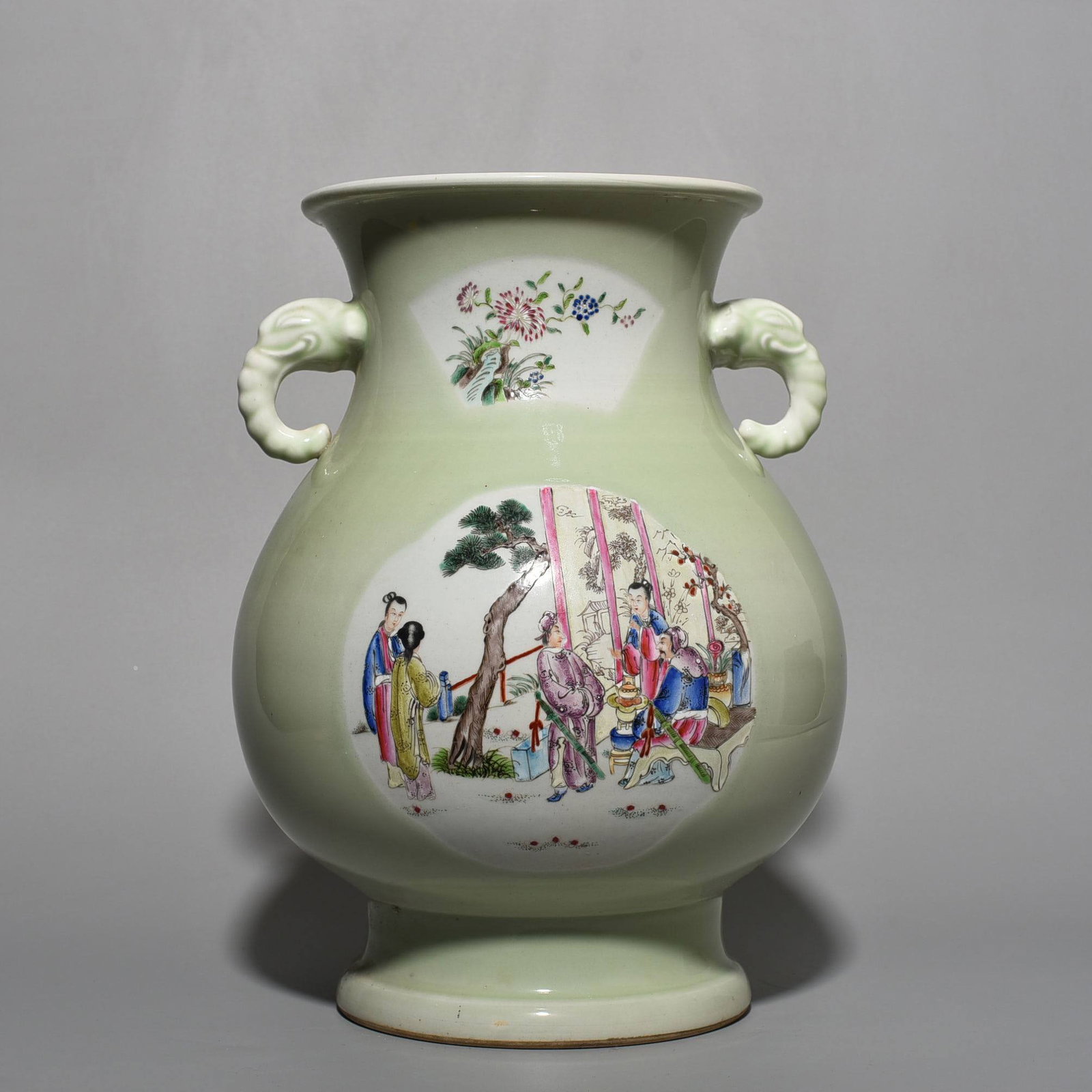 A celadon-glazed famille rose vase with figures and elephant-ear handles (1 of 8)