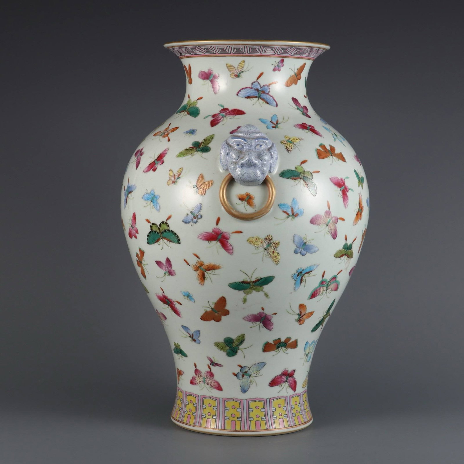 A famille rose vase with butterfly design and double animal-shaped handles (1 of 10)