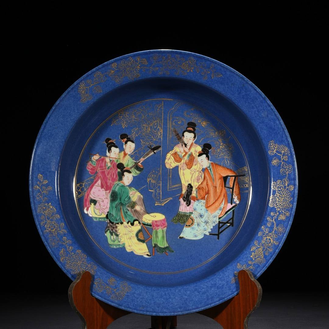 Qing Dynasty, Yongzheng Period, Blue-glazed Famille Rose and Gilded Female Musician Figure Basin: Qing Dynasty, Yongzheng Period, Blue-glazed Famille Rose and Gilded Female Musician Figure Basin, 10 x 43 cm