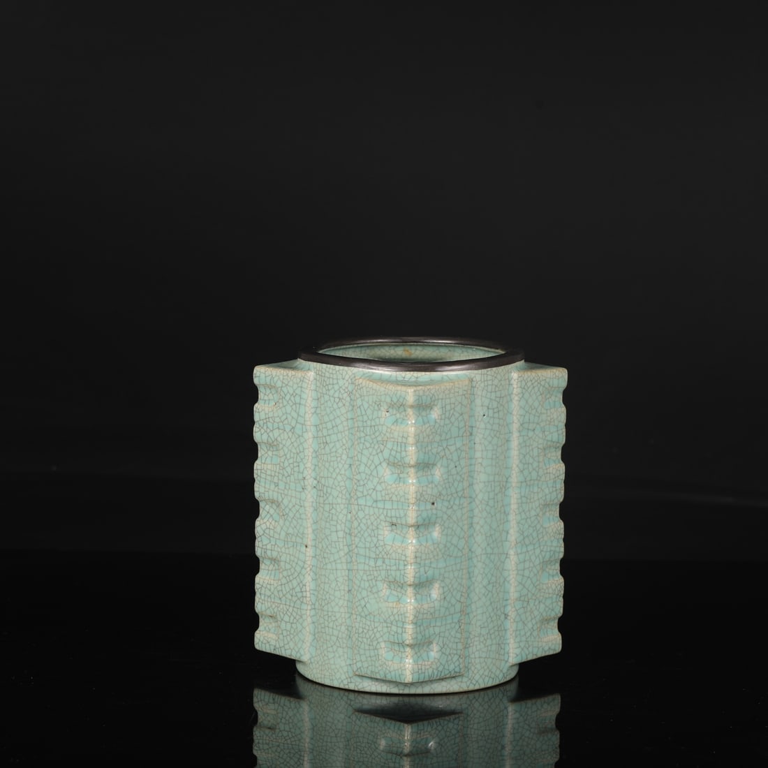 A Northern Song Dynasty Ru ware celadon-glazed cong-shaped vase with silver clasp, formerly in the: Dimensions: Height 18.5 cm, Mouth diameter 10 cm, Belly diameter 12.5 cm.