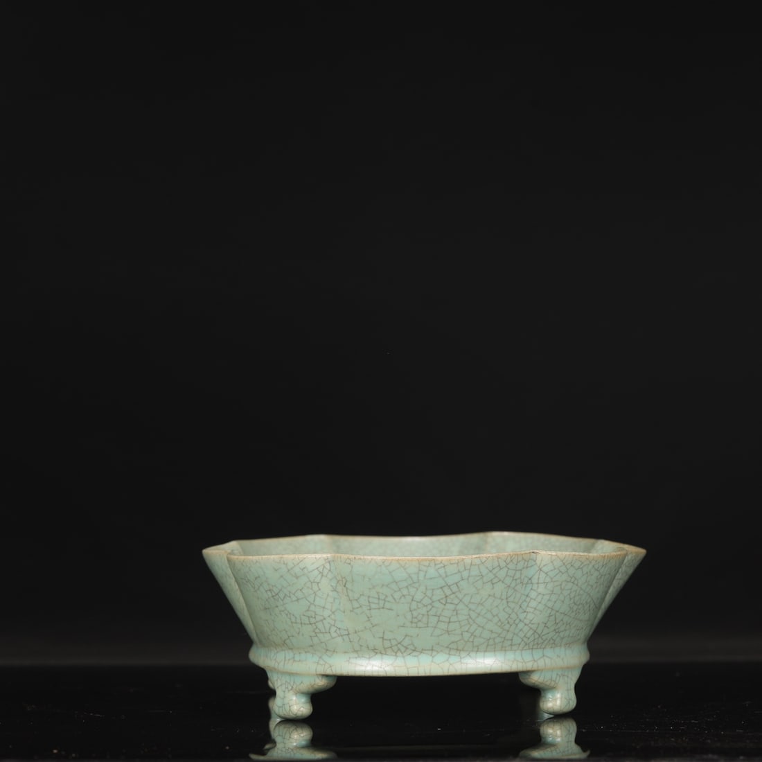 A Northern Song Dynasty Ru ware celadon-glazed narcissus basin, formerly in the collection, bearing: Dimensions: Height 7.5 cm, Length 27 cm, Width 20 cm.