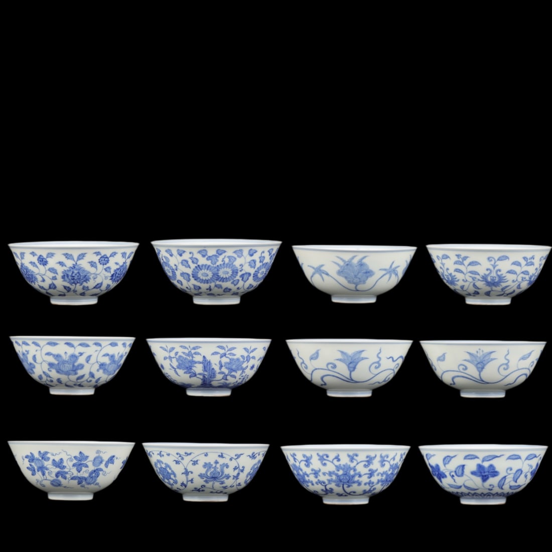 A set of blue and white palace bowls with twelve floral designs from the Chenghua period of the Ming (1 of 9)