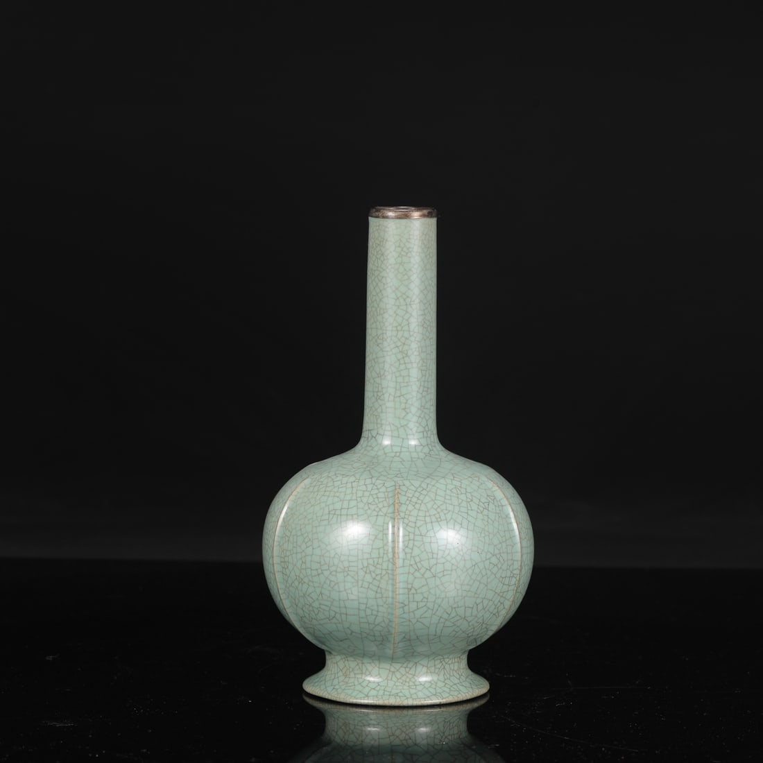 A Northern Song Dynasty Ru ware celadon-glazed silver-mouthed ewer from the collection, bearing the: Height: 22.5 cm, Mouth diameter: 3 cm, Belly diameter: 12 cm