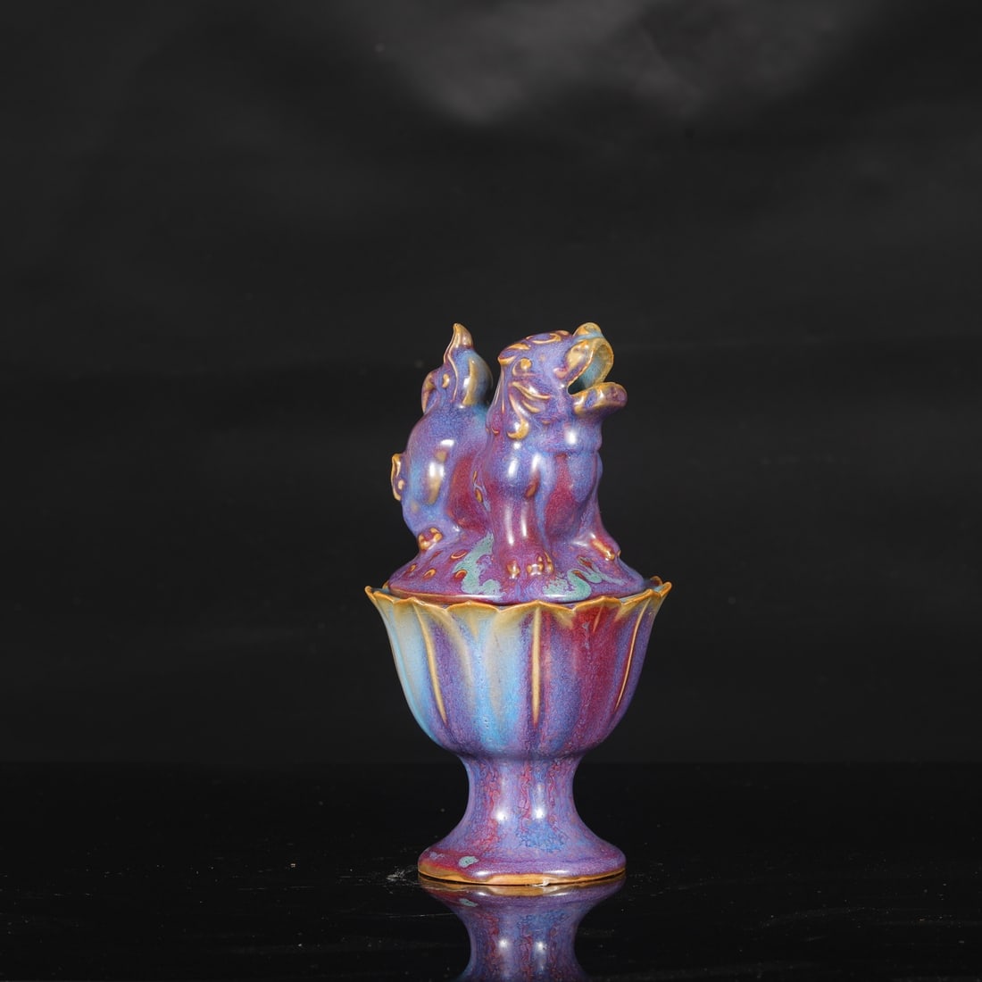 A Northern Song Dynasty Jun ware purplish-red spotted lion-shaped covered jar incense burner, (1 of 7)