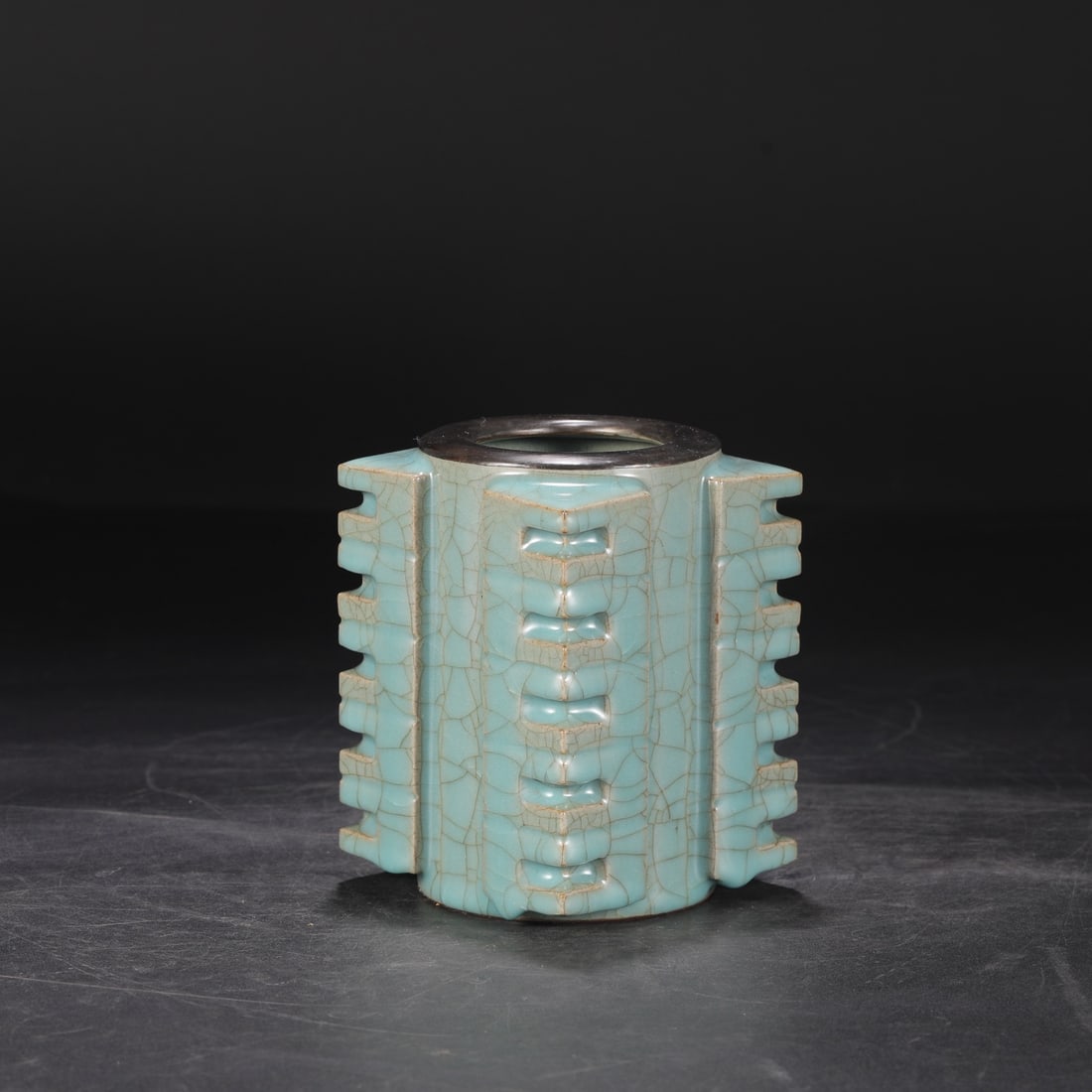 A Southern Song Dynasty official kiln celadon vase with a silver mouth and cong-shaped inscription,: Height: 15 cm, Mouth Diameter: 8 cm, Belly Diameter: 11 cm