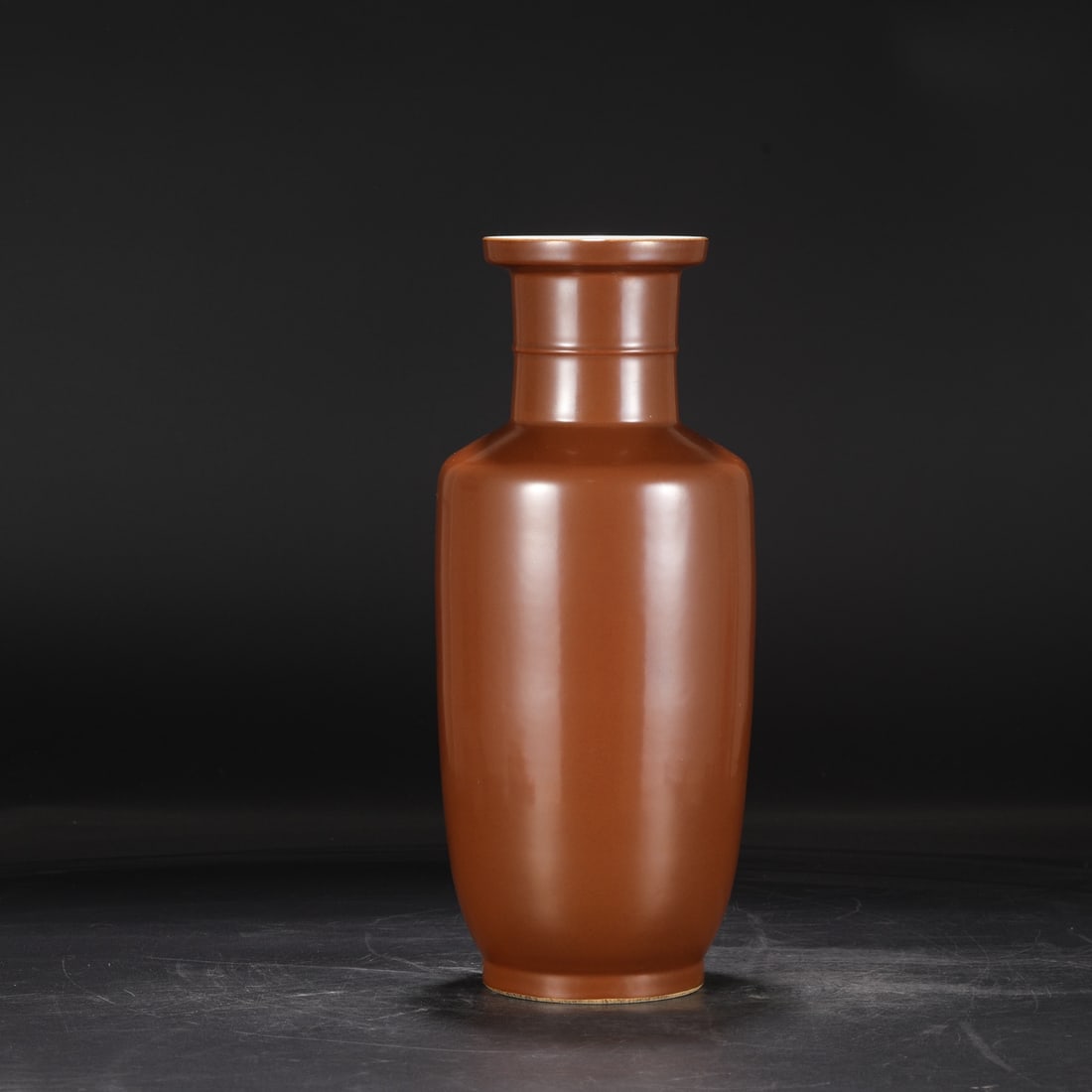 A Qing Dynasty Kangxi period purple-gold glazed large rod-shaped vase, formerly in the collection.: Dimensions: Height 40.5 cm, Mouth diameter 12 cm, Belly diameter 16 cm.