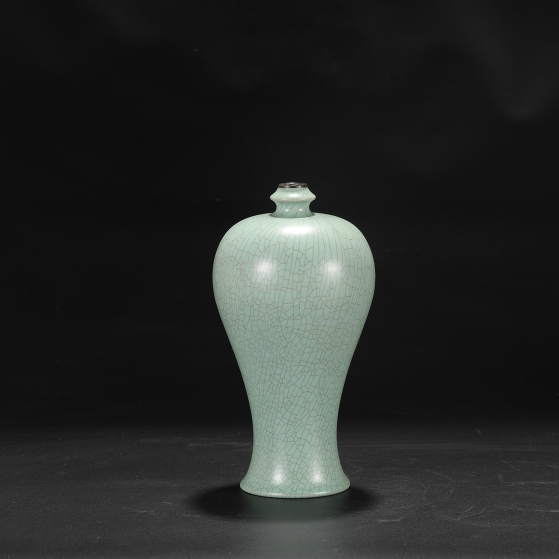 A large Northern Song Dynasty Ru ware celadon-glazed plum vase with a silver rim, formerly in the: Dimensions: Height 27.5 cm, Mouth diameter 2.5 cm, Belly diameter 13.5 cm.