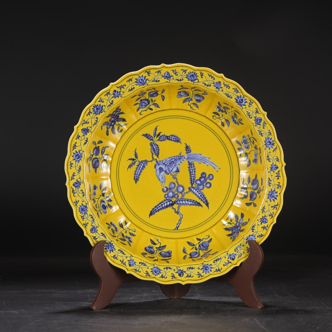 Formerly in the collection, a large Ming Dynasty Yongle period yellow-ground blue-and-white: Dimensions: Height 8 cm, Diameter 42 cm