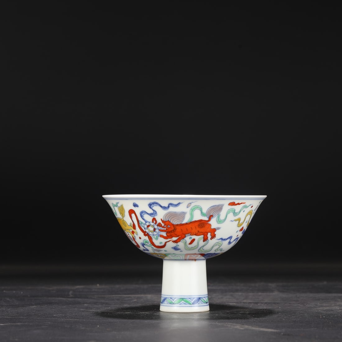 A Ming Dynasty Chenghua Doucai Lion and Embroidered Ball Pattern Stem Bowl (formerly in the: Dimensions: Height 11 cm, Diameter 15 cm