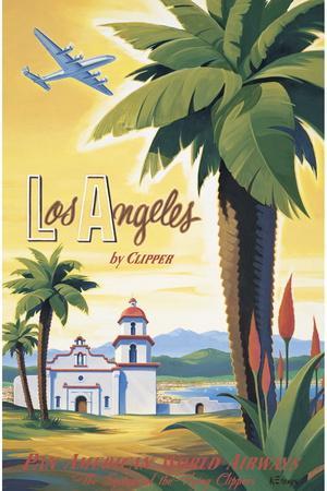 "Los Angeles" Poster: "Los Angeles by Clipper" is a phrase from the golden age of aviation that was used as a promotional slogan for Pan American World Airways, commonly known as Pan Am. The phrase referred to the airline'