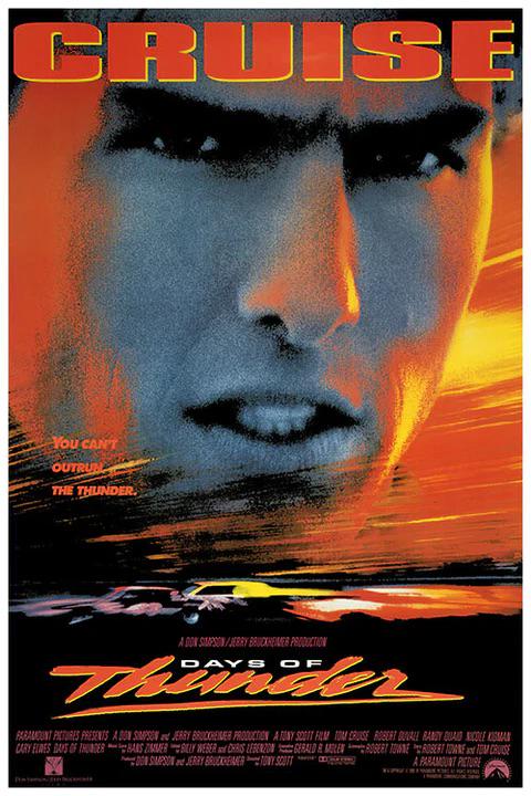 "Days of Thunder, 1990" Movie Poster: "Days of Thunder" is a 1990 American sports action film directed by Tony Scott and starring Tom Cruise, Nicole Kidman, and Robert Duvall. The film follows a young hotshot driver named Cole Trickle (Cr