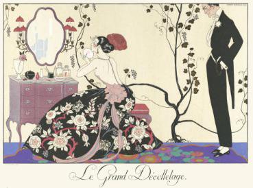 George Barbier "Le Grand Decolletae, 1924" Print: George Barbier (1882-1932) was a French illustrator, designer, and fashion artist known for his elegant and sophisticated Art Deco style. He was born in Nantes, France, and studied at the AcadÃ©mie