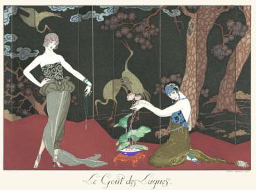 George Barbier "Le Gout Laques, 1924" Print: George Barbier (1882-1932) was a French illustrator, designer, and fashion artist known for his elegant and sophisticated Art Deco style. He was born in Nantes, France, and studied at the AcadÃ©mie