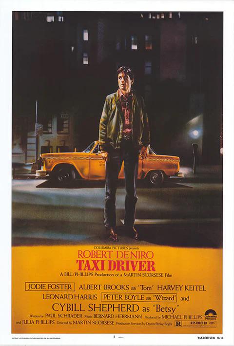 "Taxi Driver, 1976" Movie Poster: "Taxi Driver" is a 1976 American psychological thriller film directed by Martin Scorsese and starring Robert De Niro, Jodie Foster, and Harvey Keitel. The film follows Travis Bickle (De Niro), a lonel