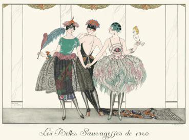 George Barbier "Les Belles Sauvagesses de 1920" Print: George Barbier (1882-1932) was a French illustrator, designer, and fashion artist known for his elegant and sophisticated Art Deco style. He was born in Nantes, France, and studied at the AcadÃ©mie