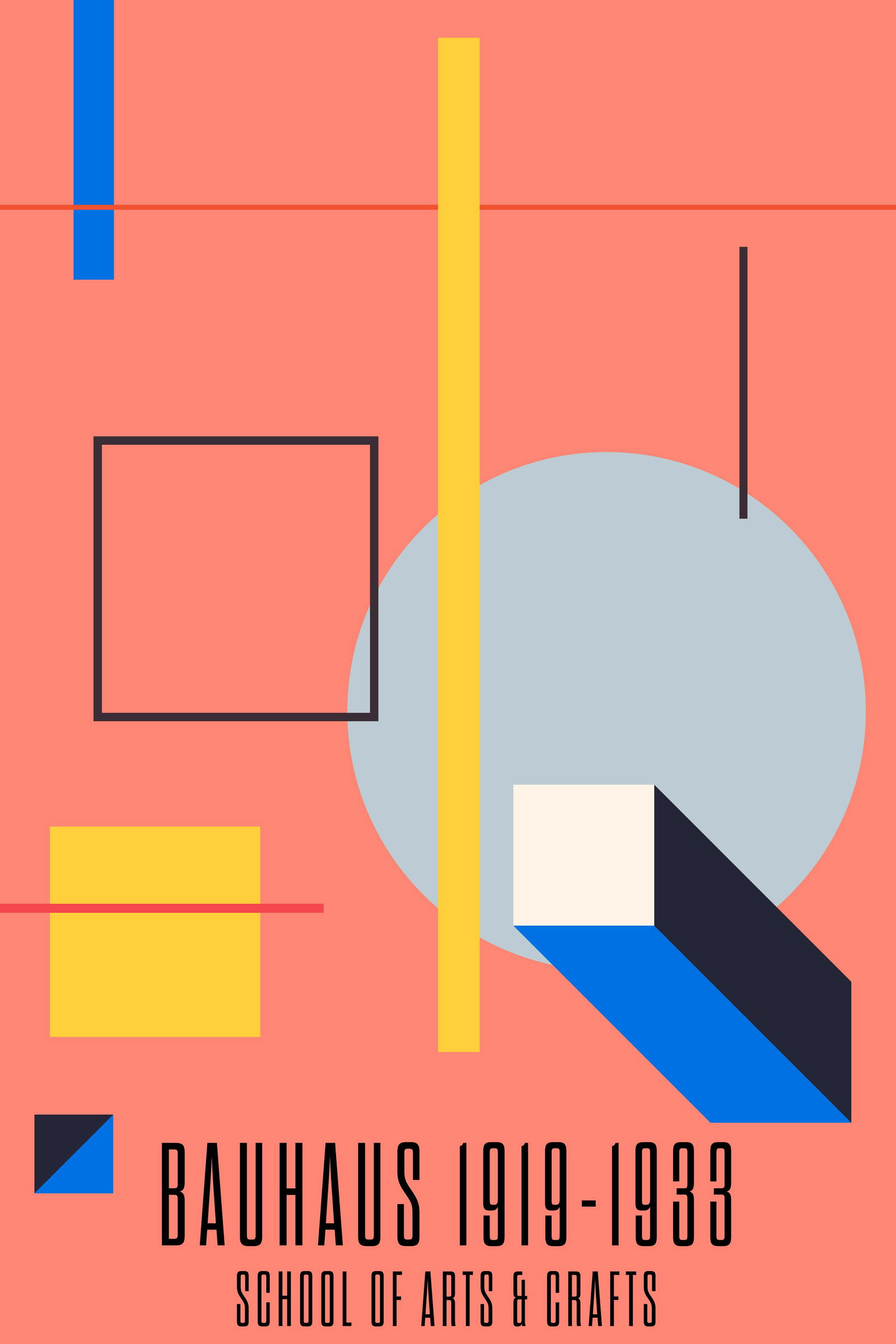 Bauhaus School "1919-1933" Print: Bauhaus was a famous school of art, design, and architecture that was founded in 1919 in Weimar, Germany by architect Walter Gropius. The name Bauhaus means "building house" in German. Bauhaus was a r