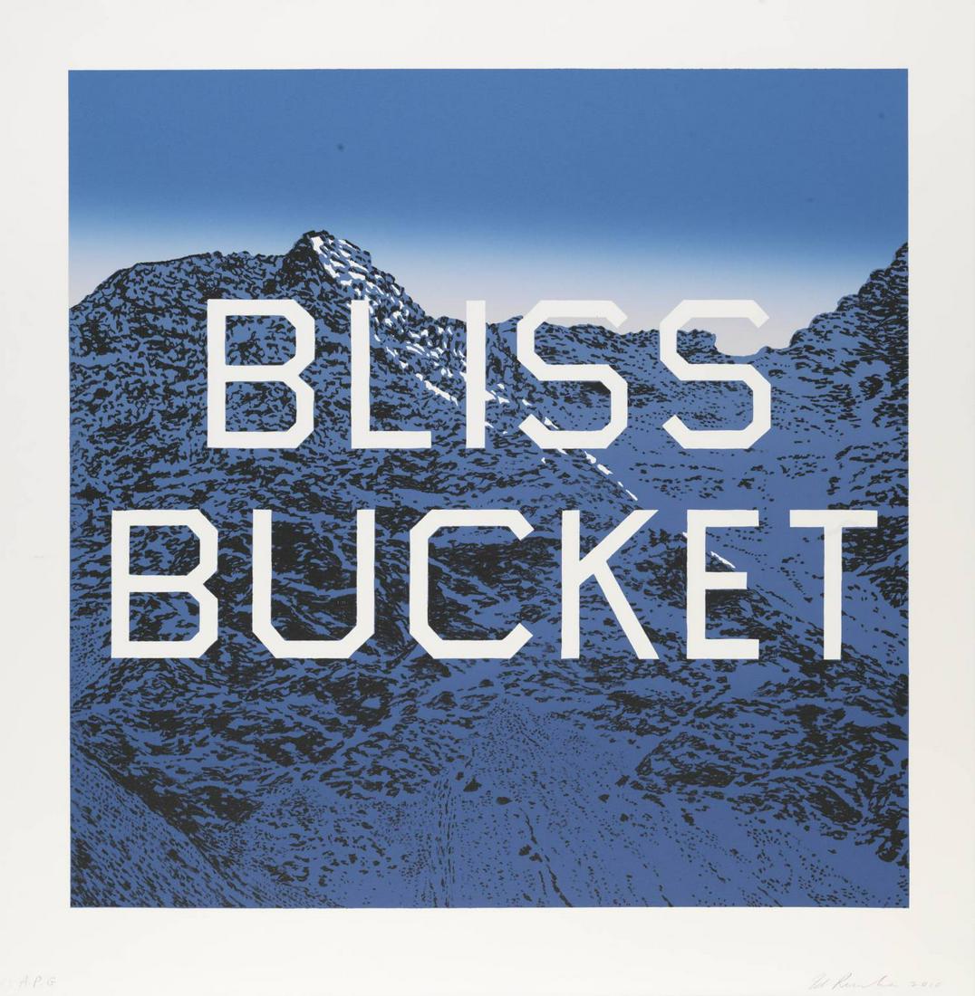 Ed Ruscha "Bliss Bucket, 2010" Offset Lithograph: Edward Ruscha is an American artist who is known for his contributions to the pop art movement in the 1960s. He was born on December 16, 1937, in Omaha, Nebraska, and raised in Oklahoma City, Oklahoma