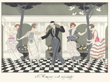 George Barbier "L'Amour est Aveugle, 1924" Print: George Barbier (1882-1932) was a French illustrator, designer, and fashion artist known for his elegant and sophisticated Art Deco style. He was born in Nantes, France, and studied at the AcadÃ©mie