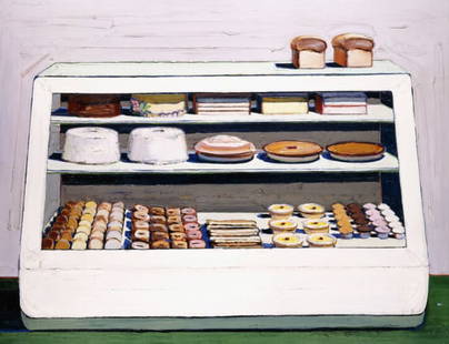 Wayne Thiebaud 'Bakery Counter, 1962" Offset Lithograph: Wayne Thiebaud (born November 15, 1920) is an American painter known for his distinctive and vibrant depictions of everyday objects, often focusing on desserts, pastries, and other food items. He is a