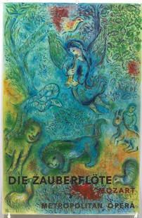 Marc Chagall "Die Zauberflote" Offset Lithograph: Marc Chagall (Russian/French, 1887 - 1985) Measures 39.5 x 25.75 sheet sizeDie Zauberflote, The Magic Flute, 1967. Lithograph printed in colors by Charles Sorlier, printed by Mourlot in Paris publishe