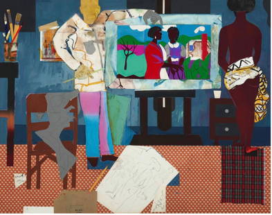 Romare Bearden "Artist with Painting and Model, 1981" Offset Lithograph: Romare Bearden (1911-1988) was a prominent African American artist, renowned for his significant contributions to American art, particularly in the realm of collage and mixed-media artworks. Born in C
