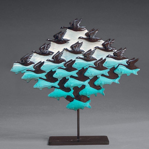 M.C. Escher "Sky and Water I" Sculpture: M.C. Escher, whose full name is Maurits Cornelis Escher, was a Dutch artist known for his mathematically inspired and often mind-bending works of art. He was born on June 17, 1898, in Leeuwarden, Neth