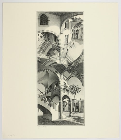 M.C. Escher "Up and Down" Etching: M.C. Escher, born Maurits Cornelis Escher in 1898 in the Netherlands, was a Dutch graphic artist known for his mind-bending and mathematically inspired artwork. His work explores concepts of infinity,
