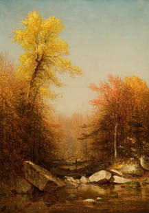 Sanford Robinson Gifford "October in the Catskills, 1879" Offset Lithograph: Sanford Robinson Gifford (1823-1880) was an American landscape painter associated with the Hudson River School, a prominent group of 19th-century American landscape painters known for their romantic a