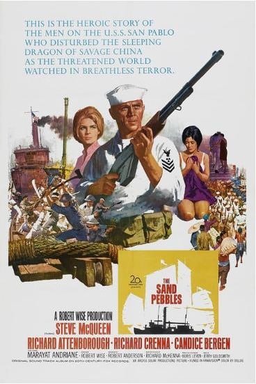 Steve McQueen "The Sand Pebbles, 1966" Movie Poster: "The Sand Pebbles" is a 1966 American war film directed by Robert Wise. It stars Steve McQueen as Jake Holman, a U.S. Navy Machinist's Mate on a gunboat patrolling the Yangtze River in China in the 19