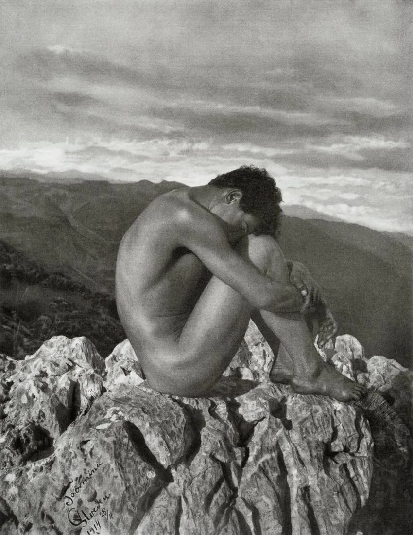 BARON WILHELM VON GLOEDEN -"Male Nude On Mountaintop"Prinrt: Baron Wilhelm von Gloeden (1856-1931) was a German photographer known for his pioneering work in the genre of homoerotic and male nude photography. His images often featured young male subjects in cla