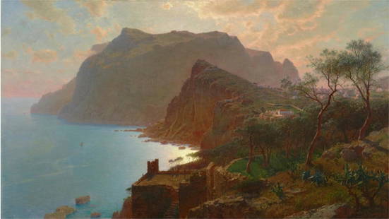 William Stanley Haseltine "The Sea from Capri, 1875" Offset Lithograph: William Stanley Haseltine (1835-1900) was an American landscape painter known for his contributions to the Hudson River School, a mid-19th-century American art movement that celebrated the beauty of t