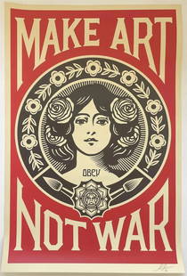 Shepard Fairey Signed "Make Art Not War" Offset Lithograph: Shepard Fairey is an American contemporary street artist, graphic designer, and activist. He gained widespread recognition for his iconic "Hope" poster created during the 2008 U.S. presidential electi