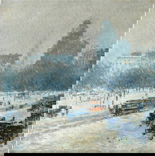 Childe Hassam "Winter in Union Square, 1890" Offset Lithograph: Childe Hassam, whose full name was Frederick Childe Hassam (1859-1935), was an American painter and printmaker known for his contributions to American Impressionism. He is particularly celebrated for