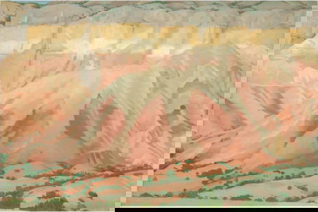 Georgia OKeeffe "Red and Yellow Cliffs, 1940" Offset Lithograph: Georgia O'Keeffe (1887-1986) was an American modernist artist known for her distinctive and innovative contributions to American art, particularly through her paintings of enlarged flowers, New York s