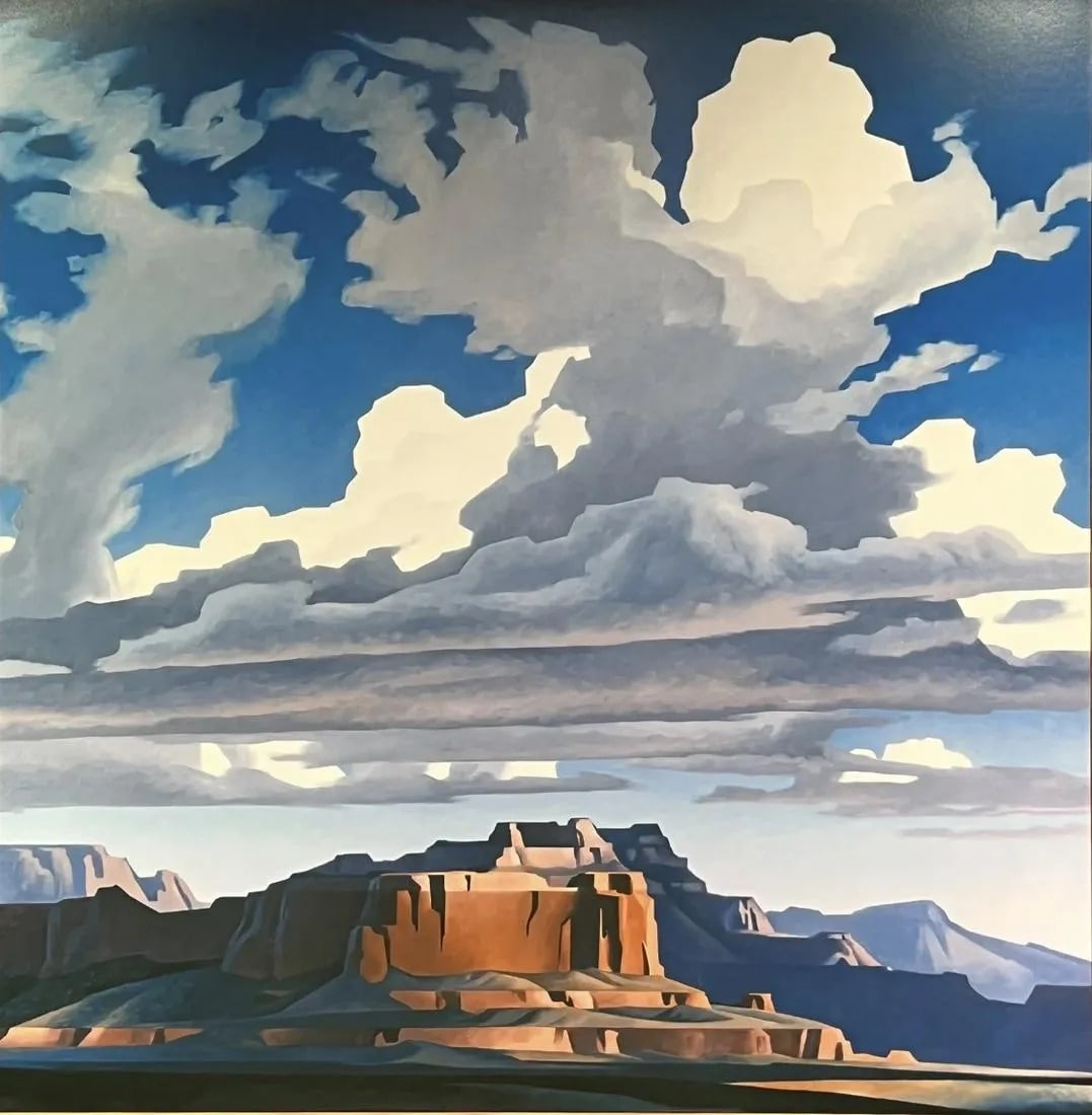 Ed Mell "Sweeping Clouds, 1989" Art Block Print: Ed Mell is an American contemporary artist known for his distinctive style of Southwestern landscape paintings and sculptures. Born in 1942 in Los Angeles, California, Mell developed a passion for art